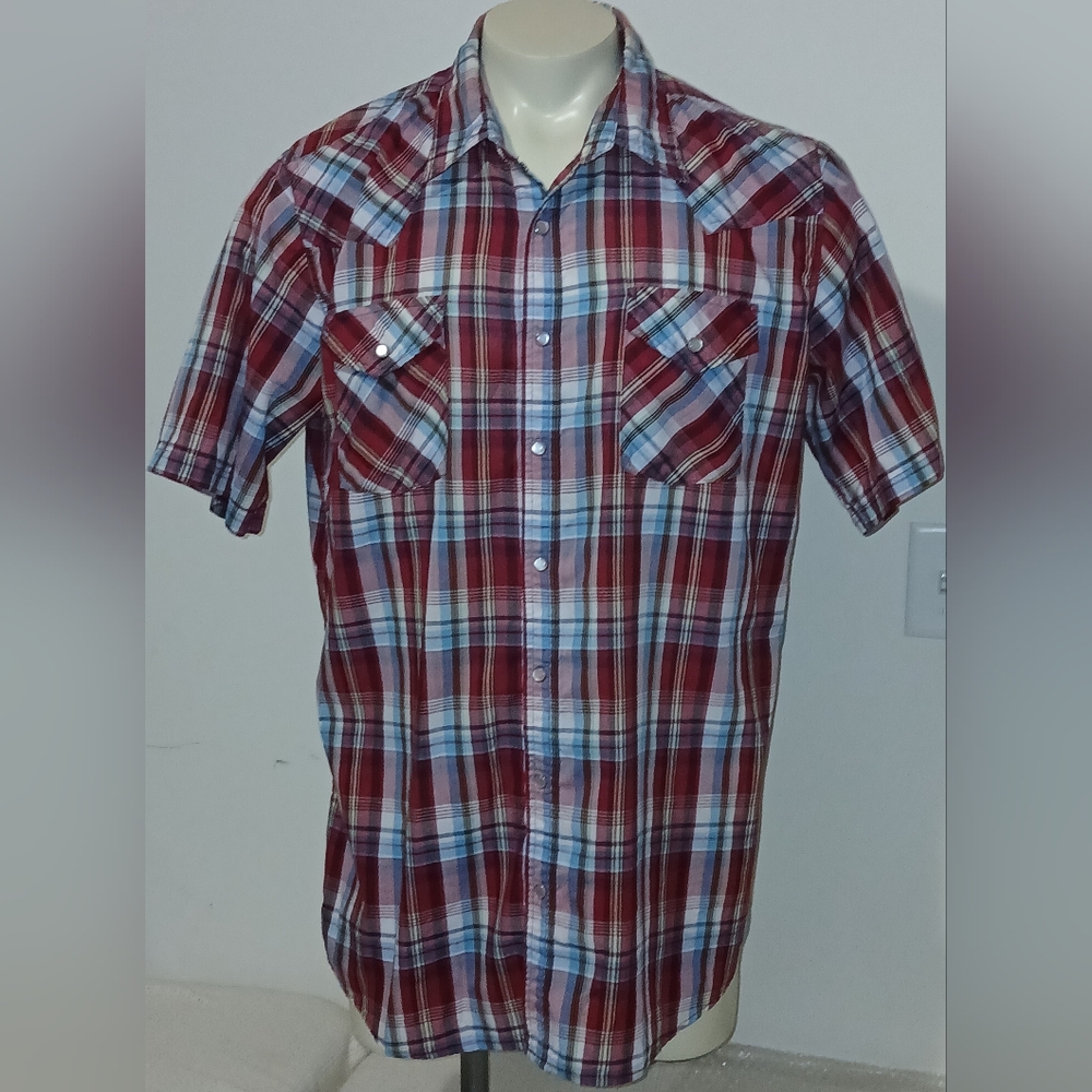 High Noon Mens Western Pearl Snap Short Sleeve Plaid Shirt Size L (Tall)